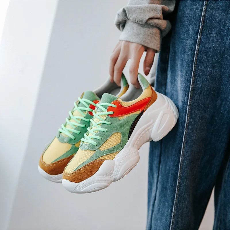 

2019 autumn new fashion simple color matching thick soles casual shoes women trend leather comfortable mesh breathable flat shoe