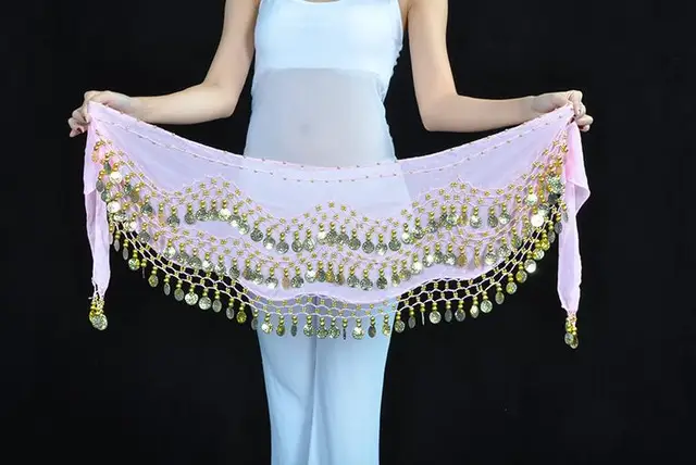 1pcs resell Egypt belly dance stage wear 128 golden/silver coins hip wraps scarf  waist belt 12 colors Pink