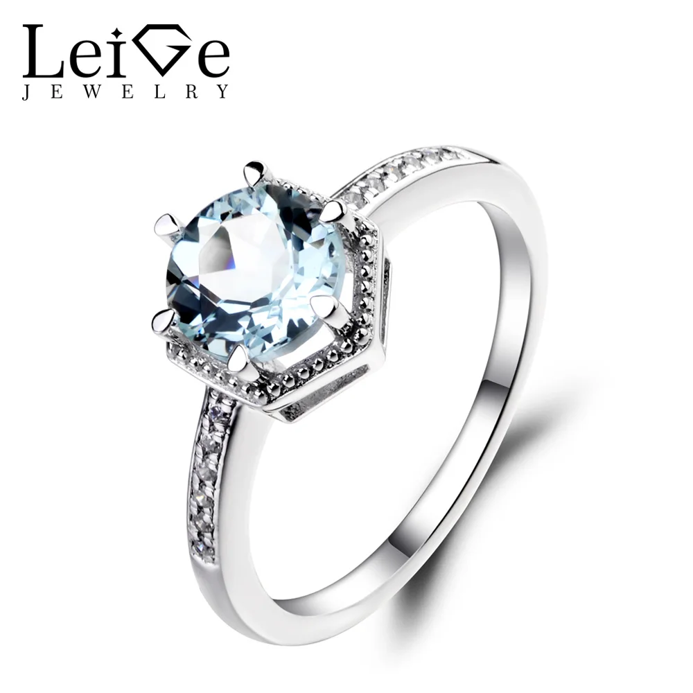 Leige Jewelry Natural Aquamarine Ring Round Cut Wedding Engagement Rings for Women Sterling Silver 925 March Birthstone | Украшения и