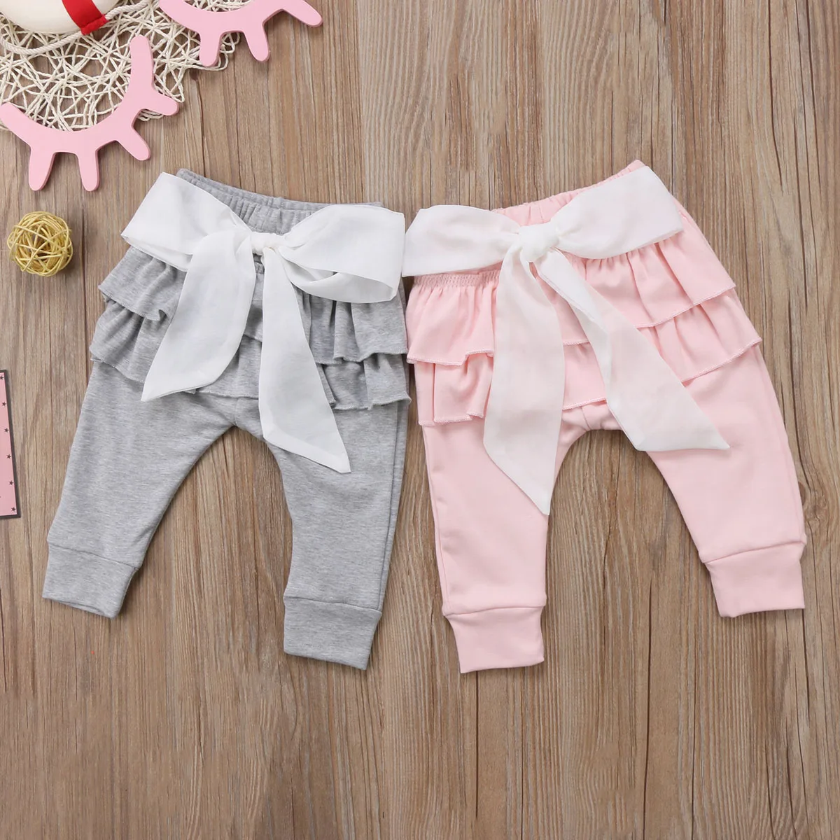 

Infant Baby Girl Layered Ruffle Pants Toddler Kid Long Pants Bowknot Casual Bottoms Clothing