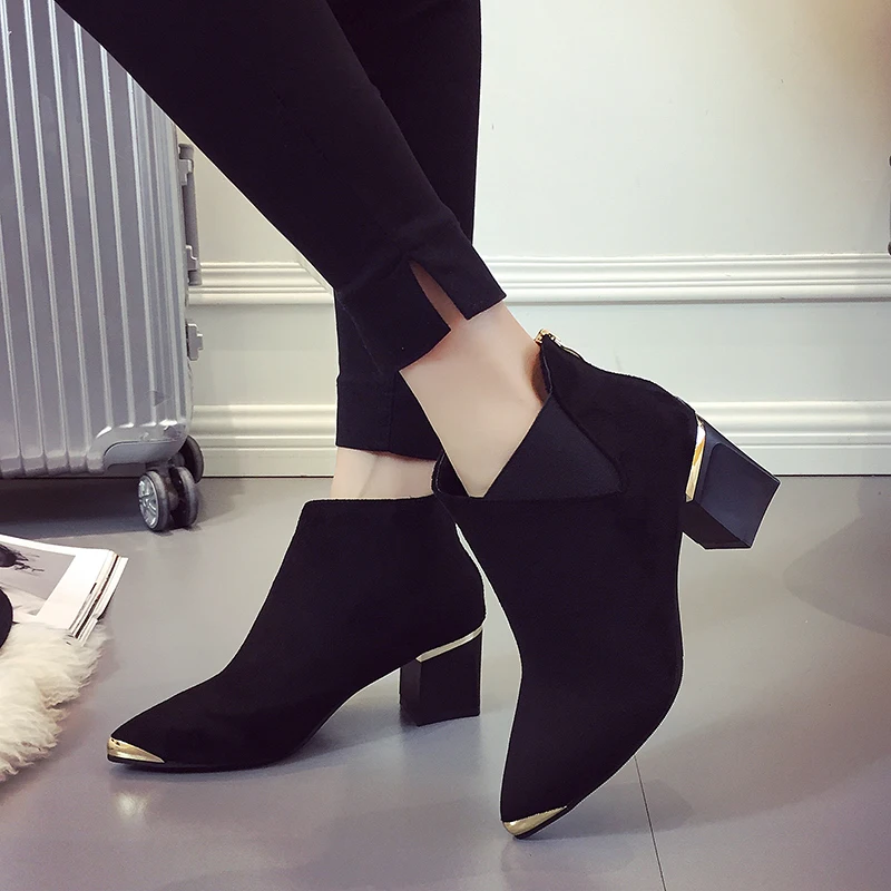 

Lucyever 2019 New Woman's Ankle Boots Women High Square Heels Flock Zip Shoes Female Pointed Toe Metal Decoration Botas mujer