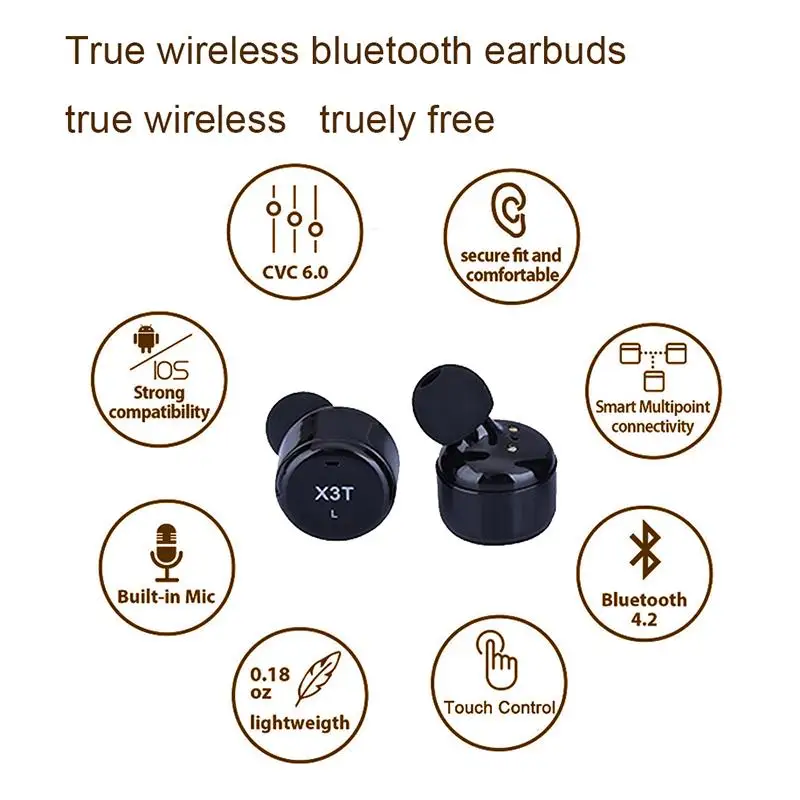 TCunPT New X3T Touch Control True Wireless Bluetooth Earbuds Earphone Mini Sport Earphones with Charging Case for Smart Phones