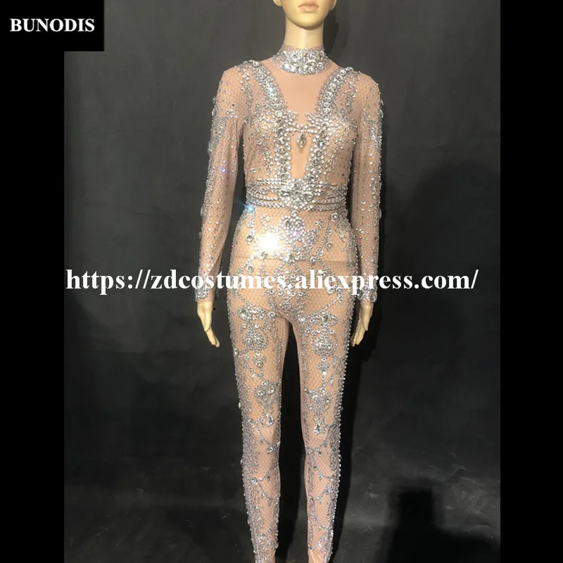 

ZD227 Women Sexy Jumpsuit Net Yarn Transparen Silver Glass Sparkling Crystals White Pearls Nightclub Party Stage Wear Costumes