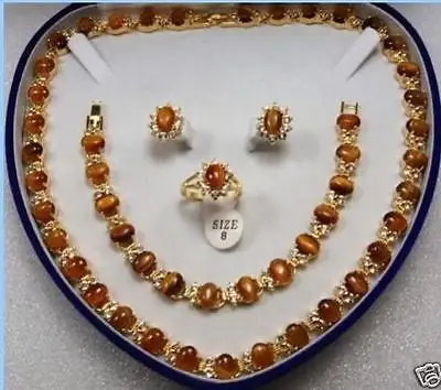

Free shipping hot sale Women Bridal Wedding Jewelry >>Beautiful jewelry Tiger's Eye necklace bracelet earring ring set