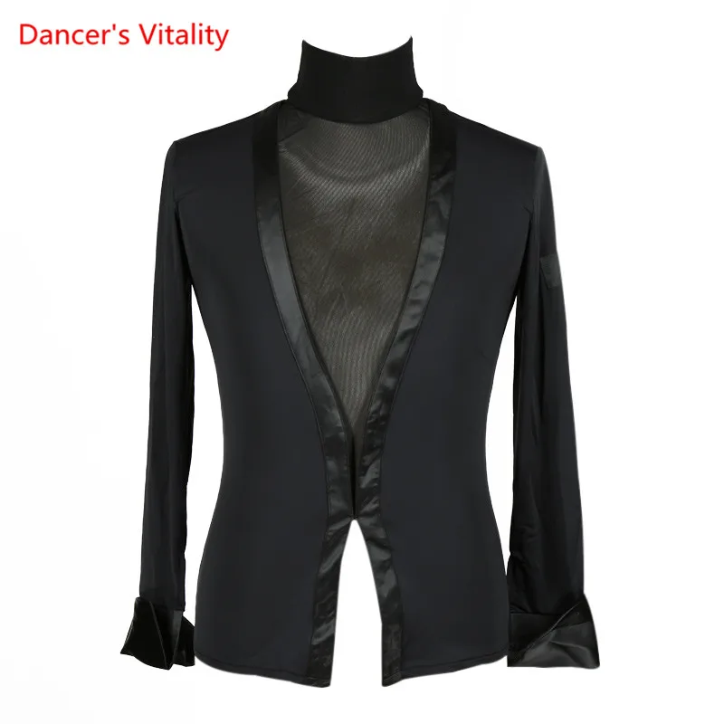 men's long sleeve High collar Suit Black Waltz Latin Dance shirt Men