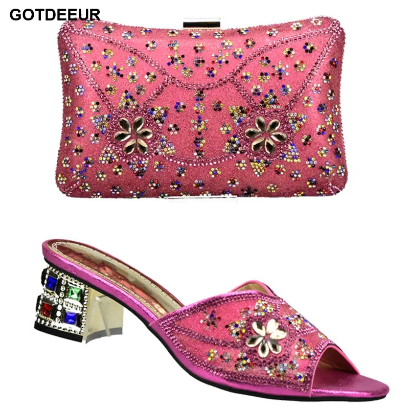 

Fuchsia Color Matching Italian Shoe and Bag Set Decorated with Rhinestone Nigerian Party Shoes and Bag Set High Quality Shoe Bag