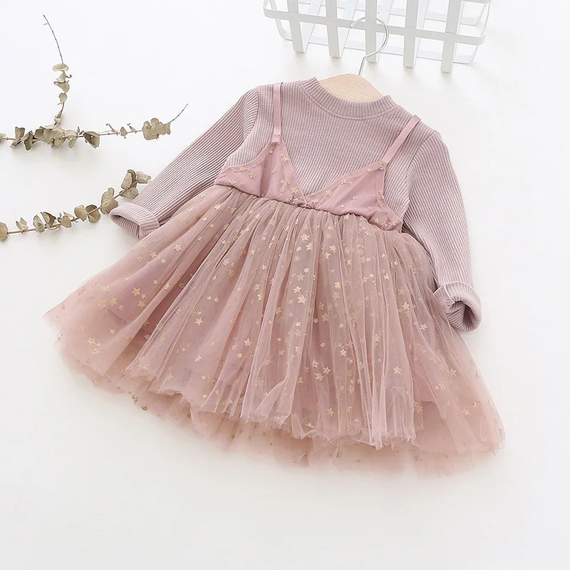 Весеннее праздничное платье принцессы для маленьких девочек, детское платье из вуали с принтом звезд, вязаный шарик, детская одежда, Vestido - Цвет: pink as pct