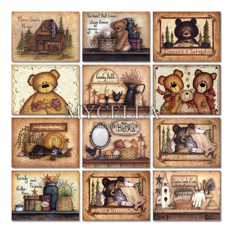 

Embroidery Diamond Mosaic Retro Cartoon Bear 5D Diy Diamond Painting Full Round Rhinestone Cross Stitch Decorative Wall Sticker