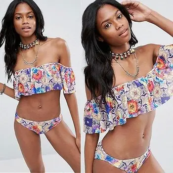 

Ruffled 2017 sexy Push Up swimwear Halter bikini brazilian Padding swimsuit bathing suit beachwear swimming wear