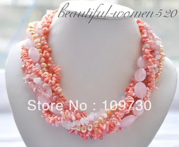 

Jewelry 0011944 6strands 19mm pink coral & baroque pearl & crystal necklace