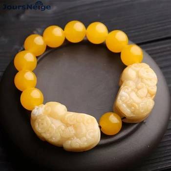 

JoursNeige Natural Old Yellollow Stone Double PiXiu Chalcedony Beads Bracelets Lucky for Men Women Single Lap Bracelet Jewelry