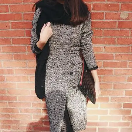Autumn and winter elegant V-neck gray woolen long coat jacket...