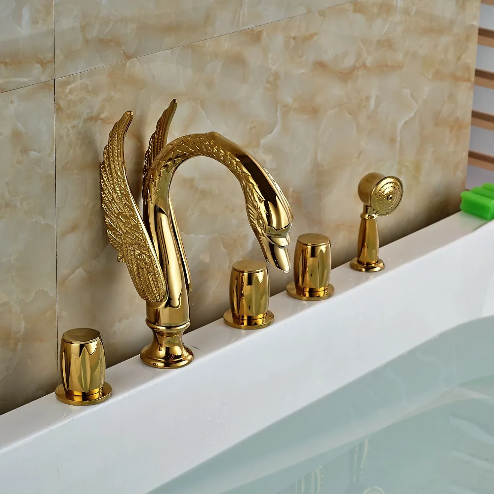 Swan Shape Round Handles Gold Finish Brass Round Handles Bathroom Tub