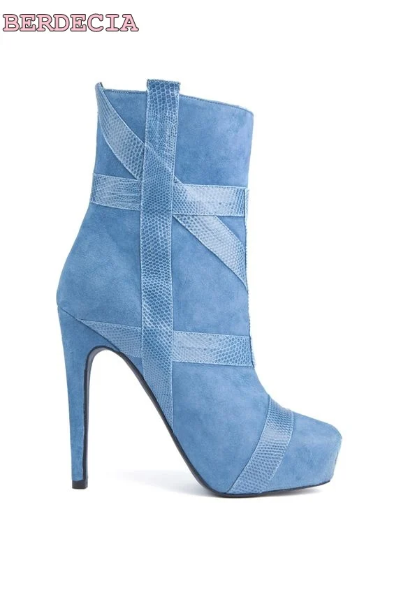 2017 new fashion light blue denim ankle boots thin heel roman style shoes woman dress shoes ...