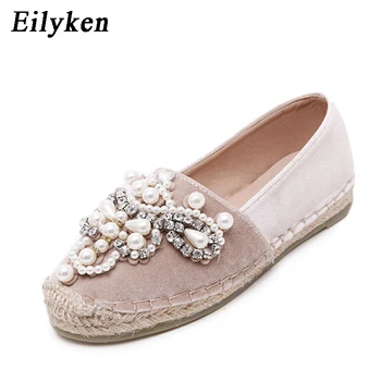 

Eilyken 2020 Autumn Women Loafer Round Toe espadrilles Pearl Comfortable Hemp Bottom Women Flats Shoes Slip On Mujer Black