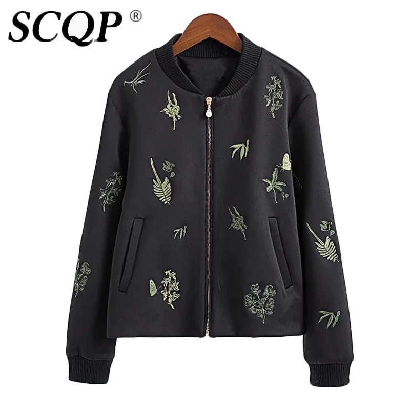 Fashion Ladies Floral Embroidered Bomber Jacket Student Black Vintage
