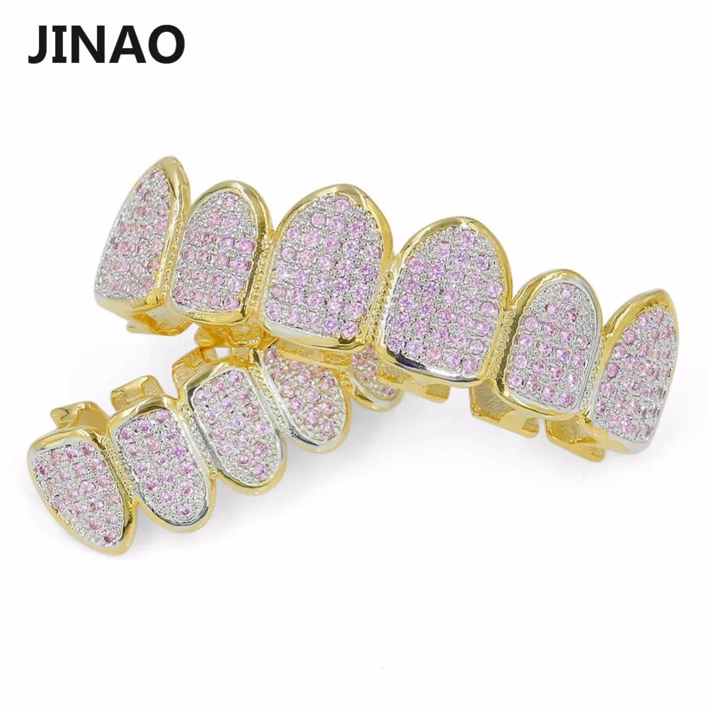 JINAO хип хоп золотые зубы Grilllz все Iced Out Micro Pave розовый CZ камни женская верхняя и нижняя грили набор