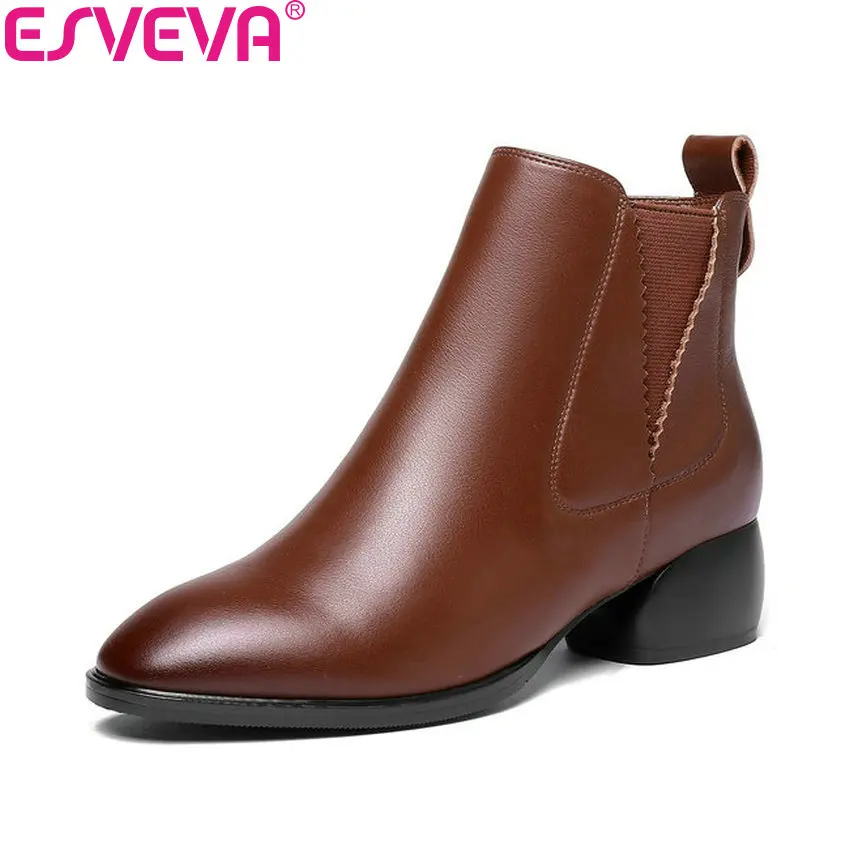 

ESVEVA 2019 Women Chelsea Boots Med Heels Zipper Ankle Boots Shoes Square Heels Round Toe Western Style Ladies Boots Size 34-42