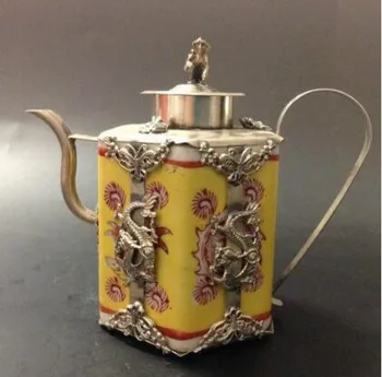

SCY +++Exquisite Chinese handwork inlaied with copper dragon yellow porcelain teapot with monkey lid