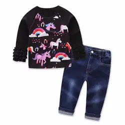 Осень 2 шт. для маленьких девочек комплект одежды с принтом маленьких животных Единорог Лошадь Радуга с длинным рукавом Футболка Топ и