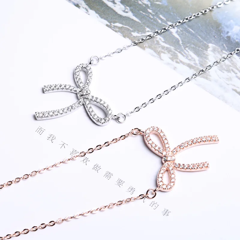 

Elegant Bohemia Zircon Bowknot Pendant Necklace Real 925 Sterling Silver Romantic Fine Jewelry For Women maibeisiR8