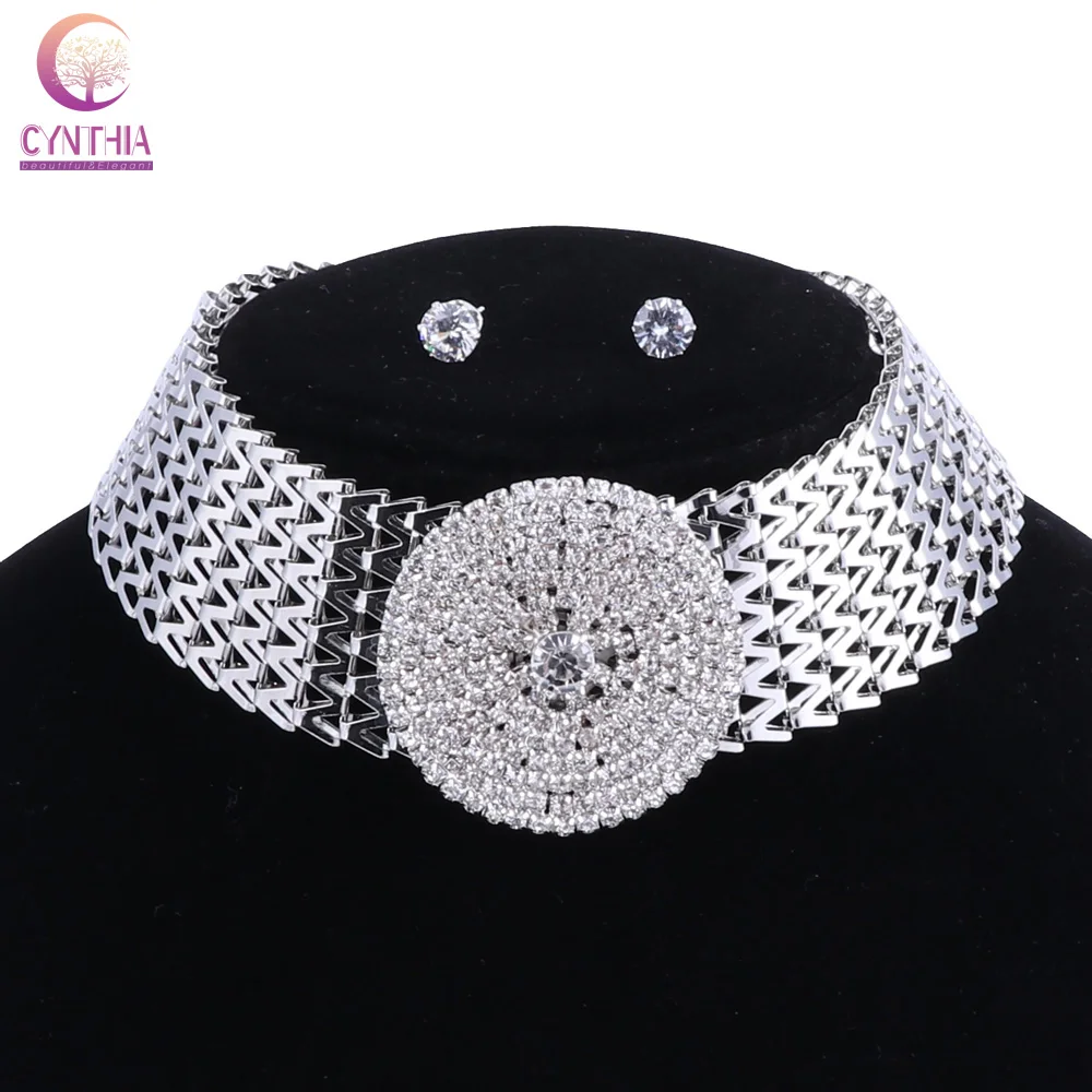

Hot Selling Bride Classic Rhinestone Crystal Choker Necklace Earrings Wedding Jewelry Sets Wedding Accessories