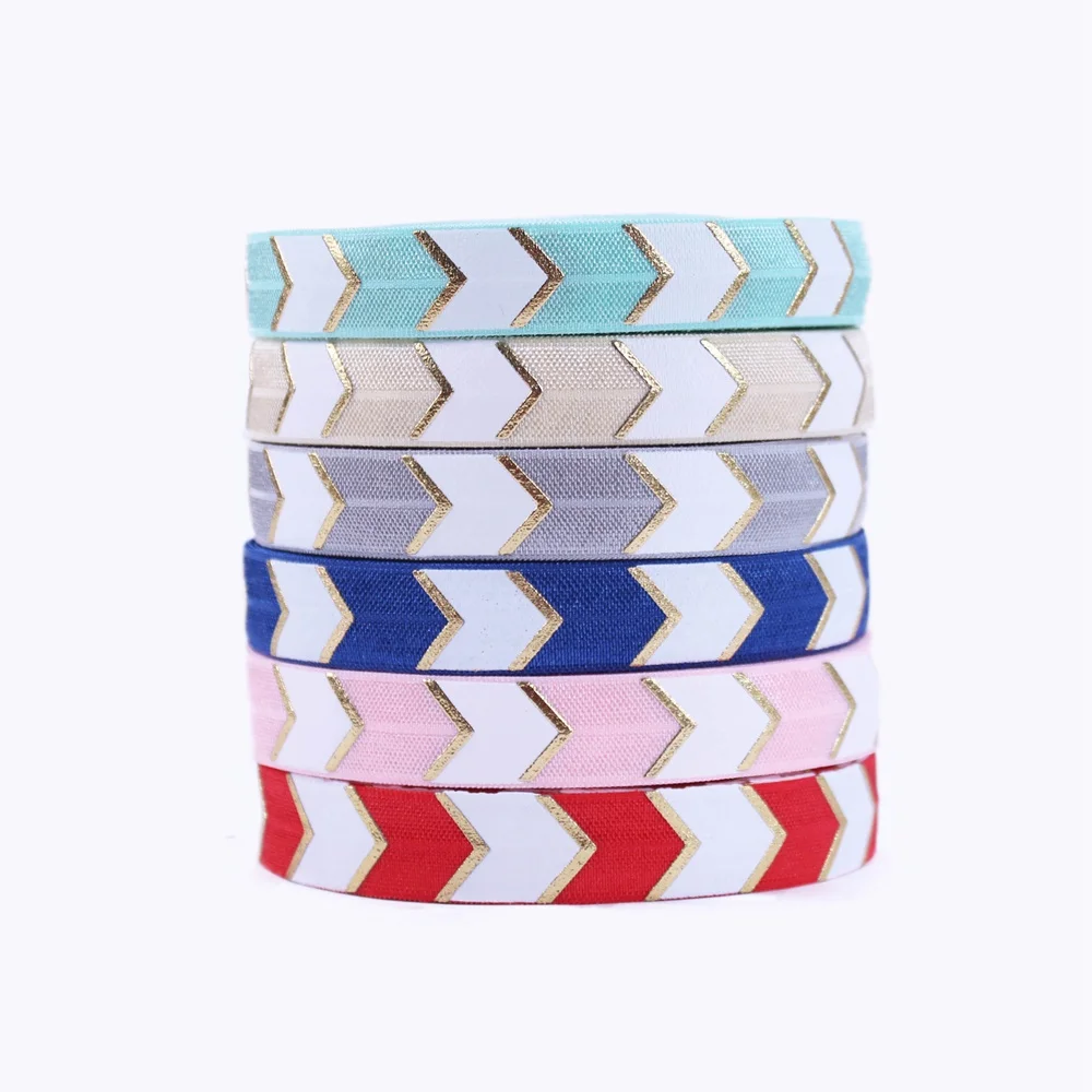 

7colors,10Yard per lot 5/8"hot sell gold foil chevron printed FOE Elastic Ribbon for Hair Tie Head wear Hair Accessories