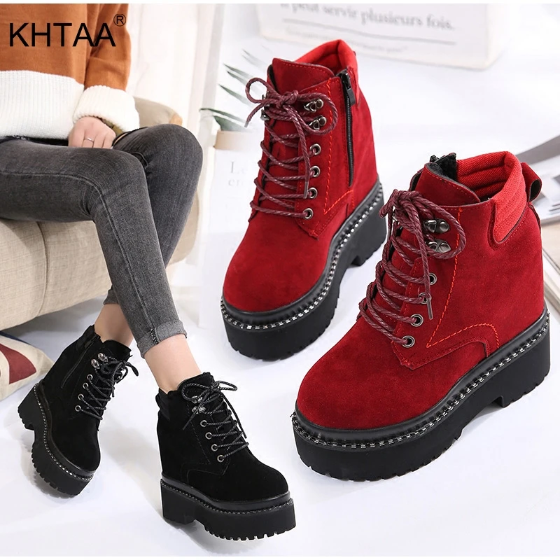 

High Heels Wedges Women's Ankle Boots Platform Autumn Thick Bottom Height Increasing Ladies Shoes 2018 Winter Casual Footwear