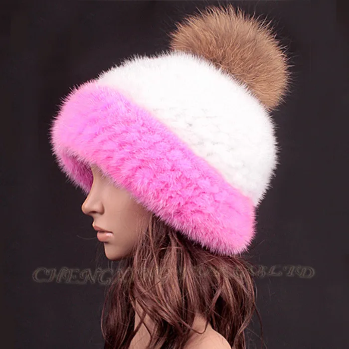 CX-C-235Q женская зимняя новая модная вязаная шапка из натурального меха норки с меховым шариком