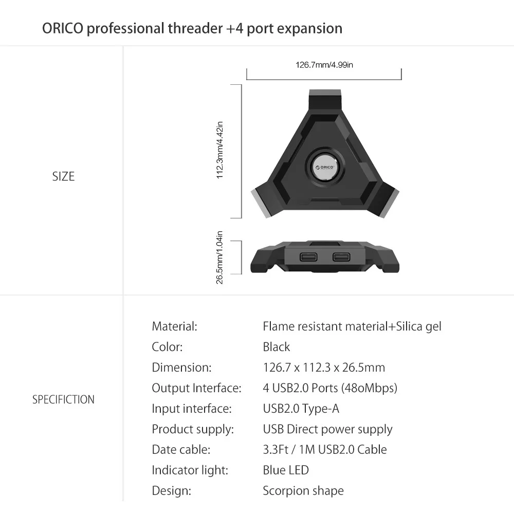 ORICO Мульти USB 2,0 концентратор Высокоскоростной 4 порта USB разветвитель Настольный кабель управление USB адаптер для Mac OS с зарядными портами постоянного тока