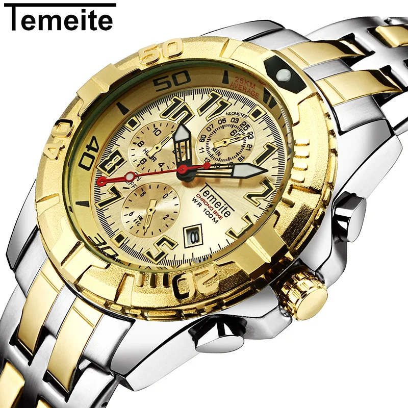 

TEMEITE Mens Watches Top Brand Luxury Sport Quartz Watch 3ATM Waterproof Men's stainless steel Wrist watch Relogio Masculino