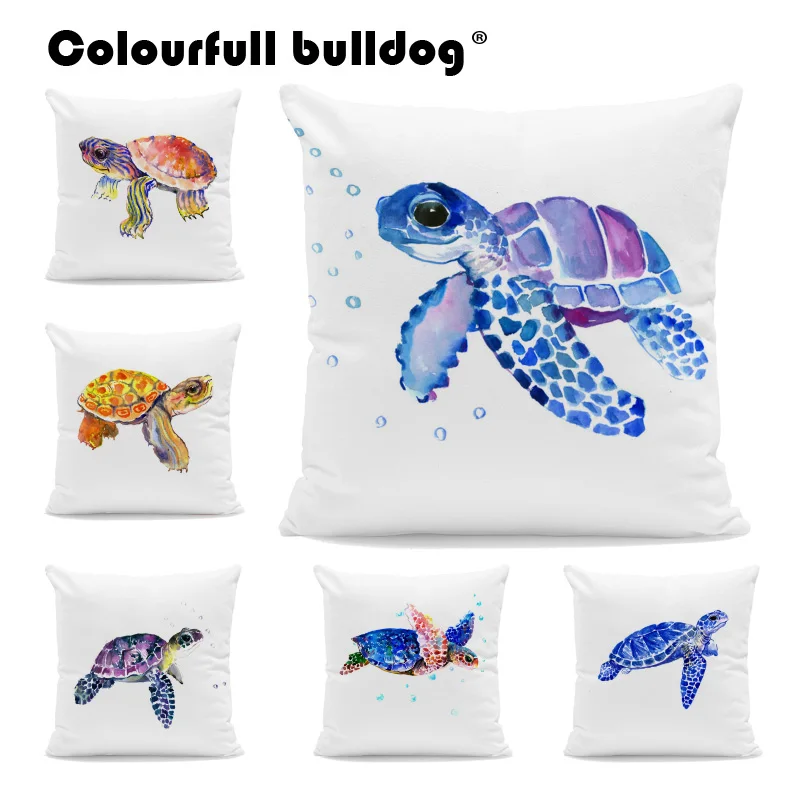 

Watercolor Painting Sea Turtle Cushion Cover Blue Purple Bubble Throw Pillow Cover Turtle Shell Home Decor Velvet Pillowcases