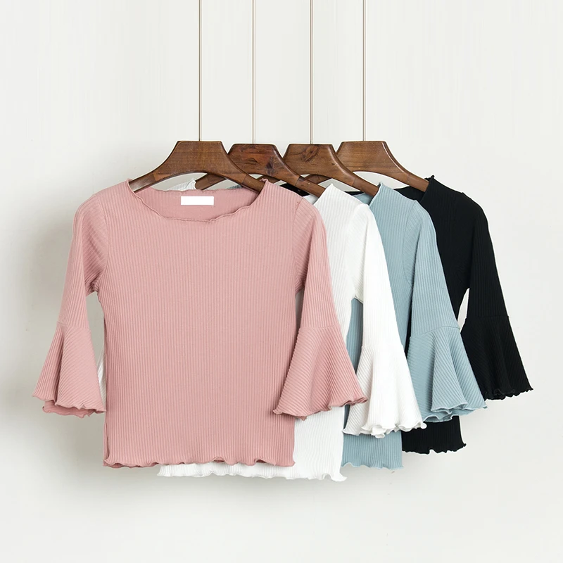 Женская Универсальная футболка с рукавом три четверти облегающая расклешенными