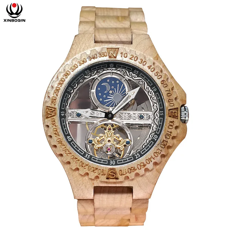 XINBOQIN брендовые винтажные мужские часы из сандалового дерева, Персонализированные Прозрачные механические часы, деревянные наручные часы, фаза Луны