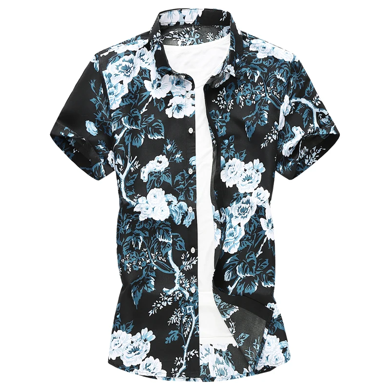 Summer New Men Floral Printed Hawaiian Vacation Party Casual Shirts Hip Hop Fashion Short Sleeve Black Shirt Plus Size 6XL 7XL