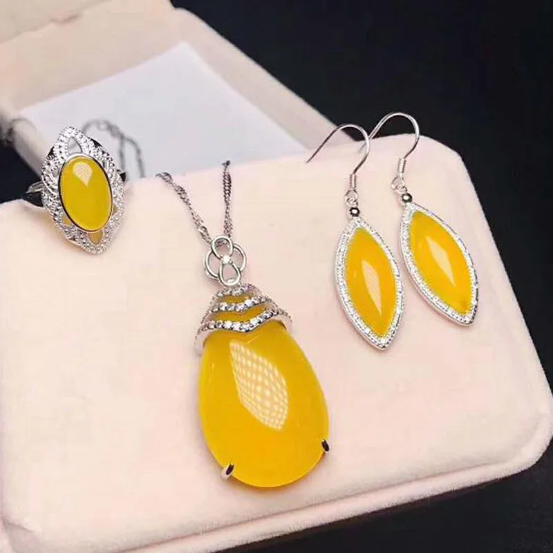 

yu xin yuan Fine Jewelry Natural 925 Silver Yellow Jade Medullary Ring Pendant Earrings Fashion Jewelry Sets Women Jewelry