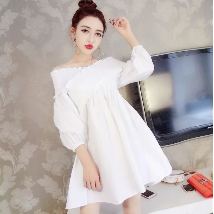 new England style summer a-line solid three quarter lantern sleeve slash neck mini-dress fashion brand Women's Clothing Dresses