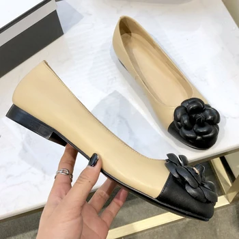 

Cubic Flower Women Flats Genuine Leather Top Quality Woman Square Heel Flat Shoes Classic Nude Color Loafers Shoes Driving Flats