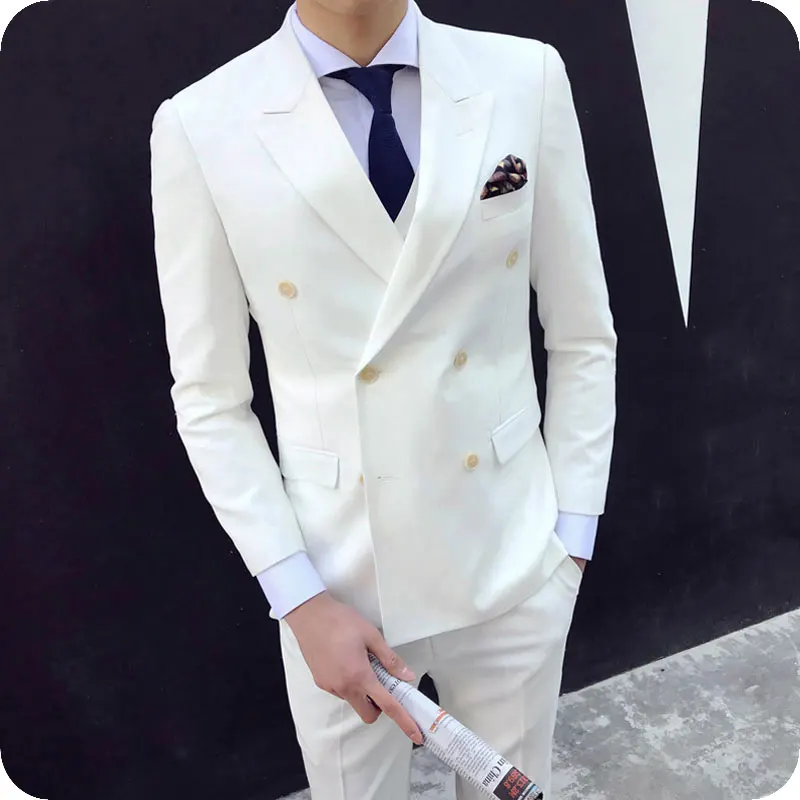 

Double Breasted Ivory Men Suits for Wedding Custom Made Groom Tuxedo Man Suits Regular Fit Best Man Blazers 2 Piece Jacket Pants