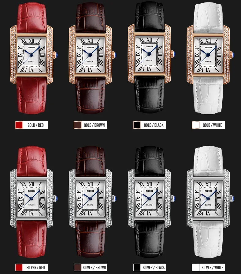 Women's Elegant Leather Band Rhinestone Dial Wristwatch Variations