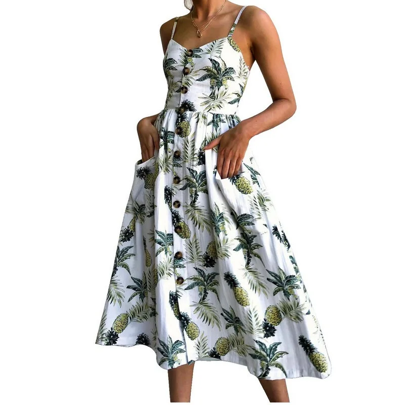 

Women Dress 2018 Vintage Sexy Bohemian Floral Tunic Beach Dress Sundress Pocket Red White Dress Striped Female Brand Plus Size