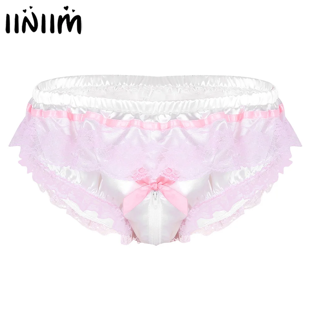 

Mens Sissy Bikini Gay Lingerie Panties Shiny Ruffled Floral Lace Zipper Open Crotch High Cut Bulge Pouch Underwear Underpants