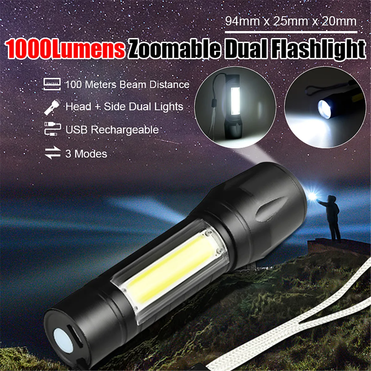 

CLAITE XPE+COB LED Flashlight 3 Modes Dual Lights 1000LM Tactical Flash light Zoomable USB Rechargeable EDC LED Flashlight