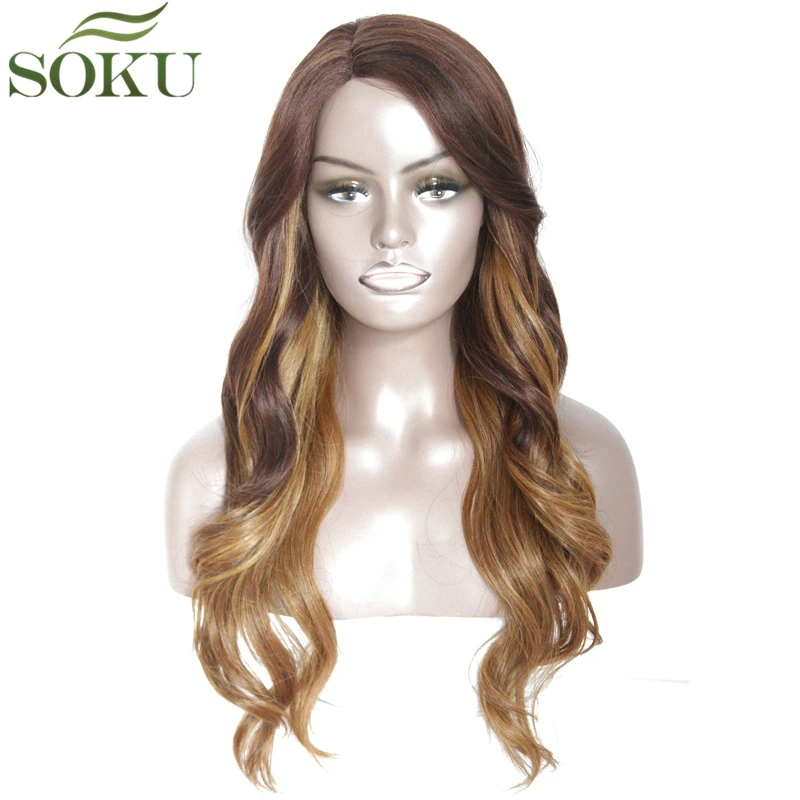 Ombre Brown Synthetic Lace Wigs With Bang Side Part Long Wave Wigs For Black Women Glueless Heat Resistant Fiber Wig SOKU