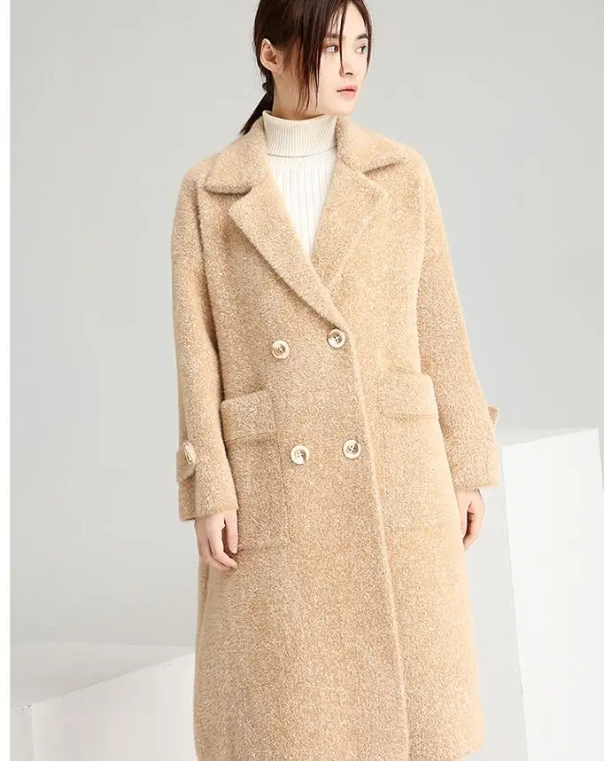 

2019 New Fashion Spring winter Women Mohair Double breasted Solid Long coat Female Outerwear manteau femme abrigos mujer