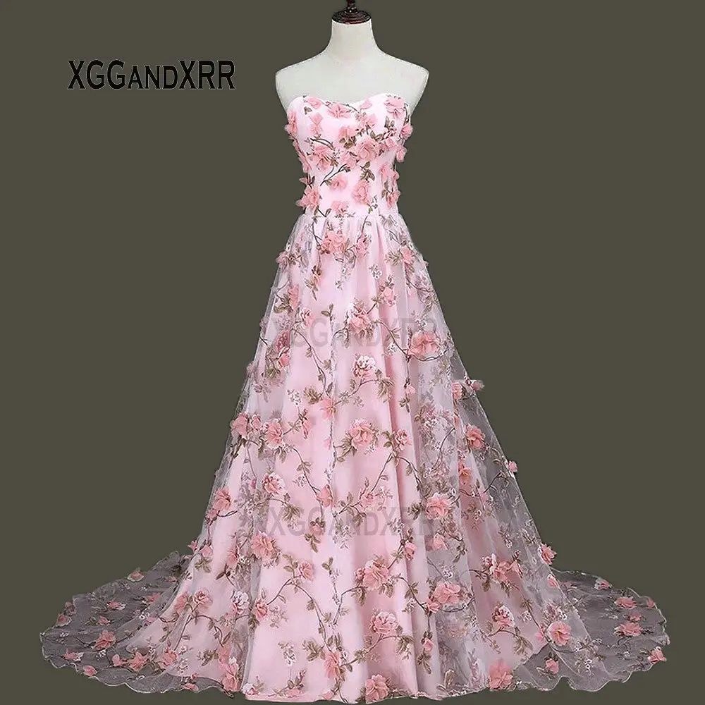 

Elegant A Line Pink Long Prom Dress Real Photo Beautiful Handmade Flower Tulle Evening Dress Backless Lady Formal Party Gown
