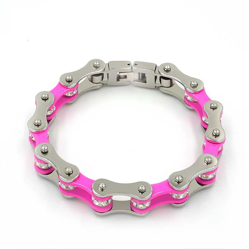 

Pink Chain Steel Bracelets Chain Punk Motorcycle Jewelry For Crystal 316L Stainless Steel Bracelet Bicycle Female Women Gift