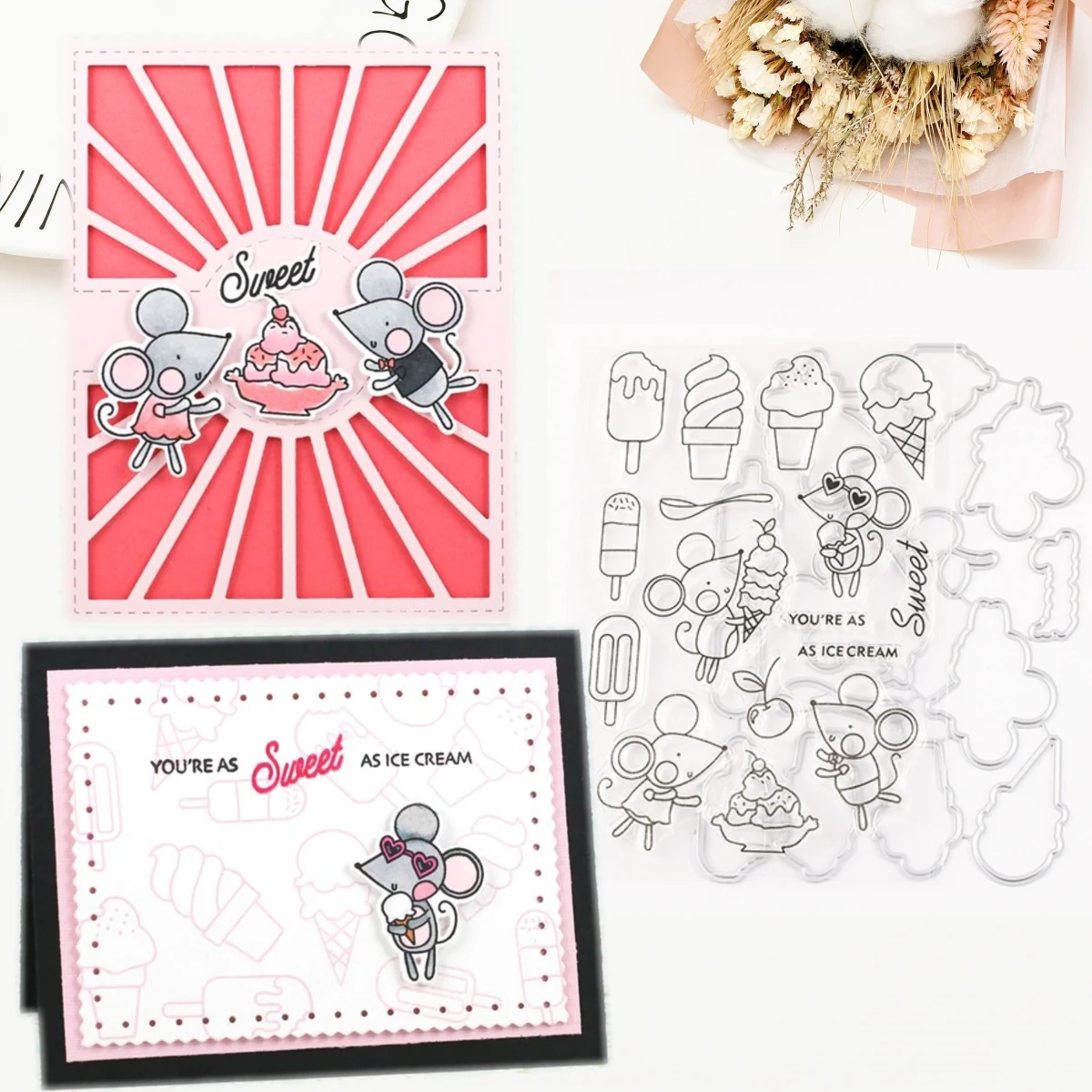 

Sweet Ice Cream Mouse Transparent Clear Stamp and Metal Cutting Dies Seal DIY Scrapbooking Photo Album Decorative Card Maker
