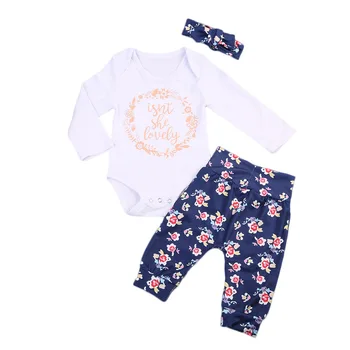 

3PCS Newborn Baby Girl isn't she lovely Long Sleeve Romper + Floral Long Pants Headband Set Outfits