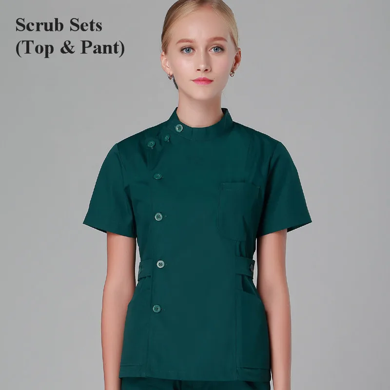 Летняя и зимняя медицинская одежда, униформа медсестры, 2 шт., медицинская одежда, женский ремень с застёжкой на пуговицах спереди - Цвет: Deep Green Summer